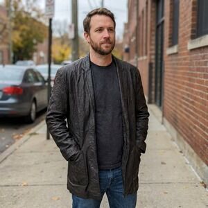 I.O.U. Vintage Black Genuine Leather Blazer Coat Mens L Crinkle Distressed Korea